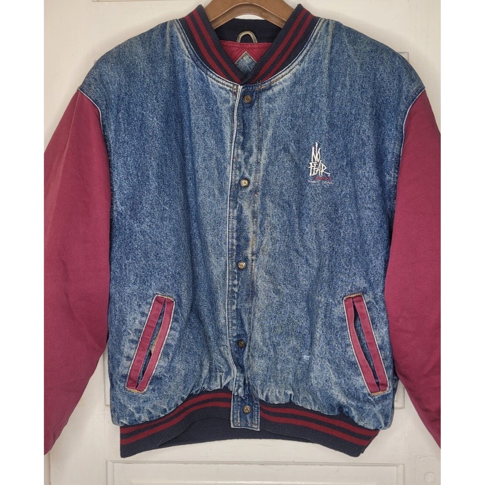 No Fear Jacket Mens XL Vintage 90s Streetwear Varsity  Denim Maroon Bomber Skate